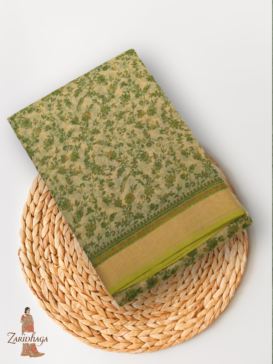 Pure Cotton Green floral Saree by Zaridhaga