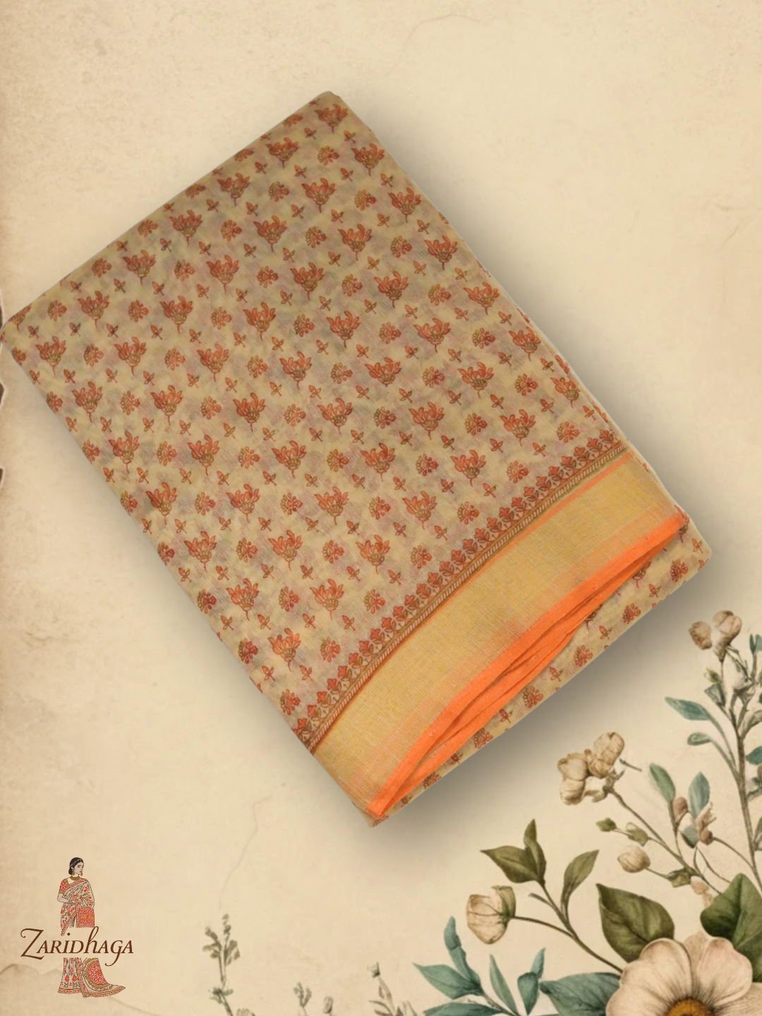 Pure Cotton Orange Saree by Zaridhaga