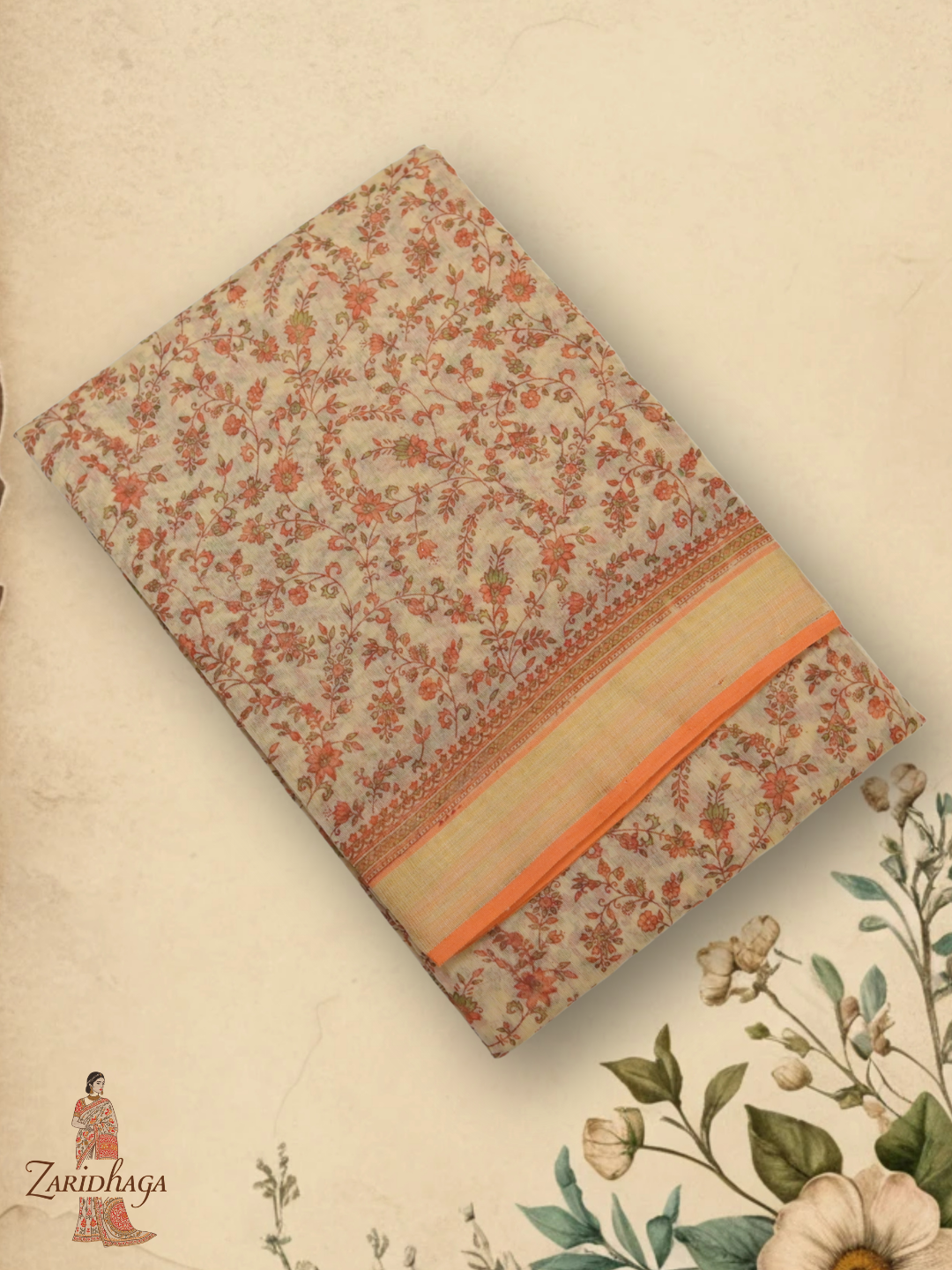 Pure Cotton Orange Floral Saree by Zaridhaga
