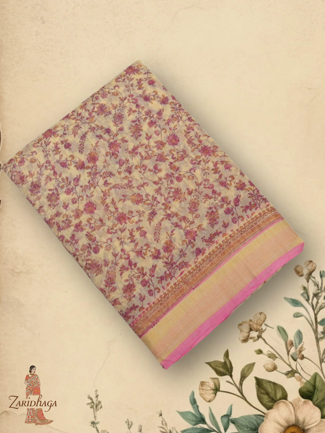 Pure Cotton Pink Floral Saree by Zaridhaga