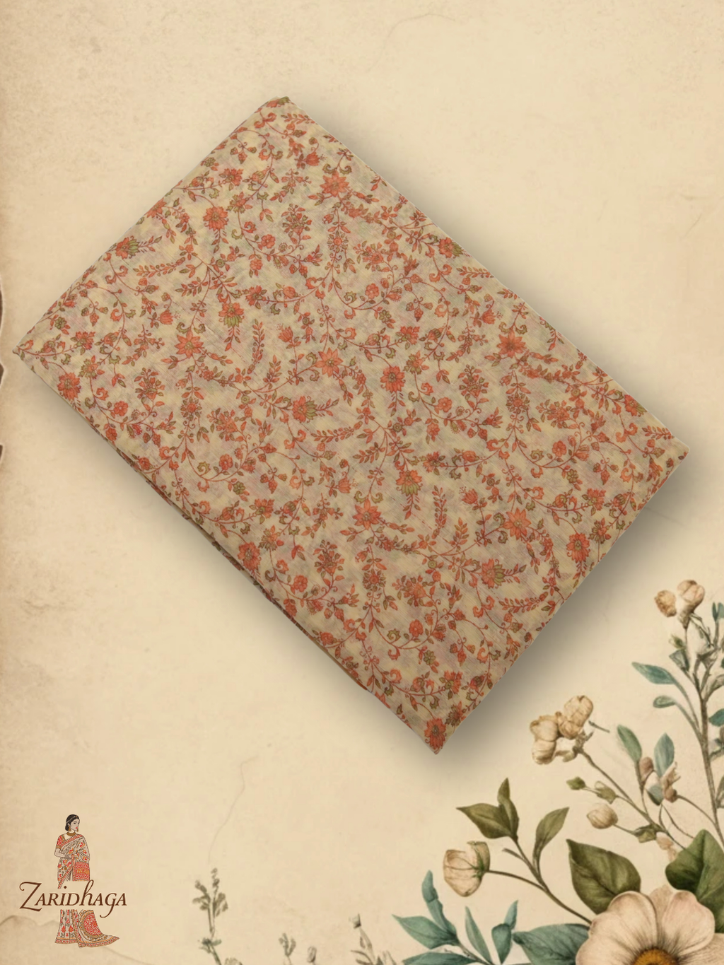 Pure Cotton Orange Floral Saree by Zaridhaga