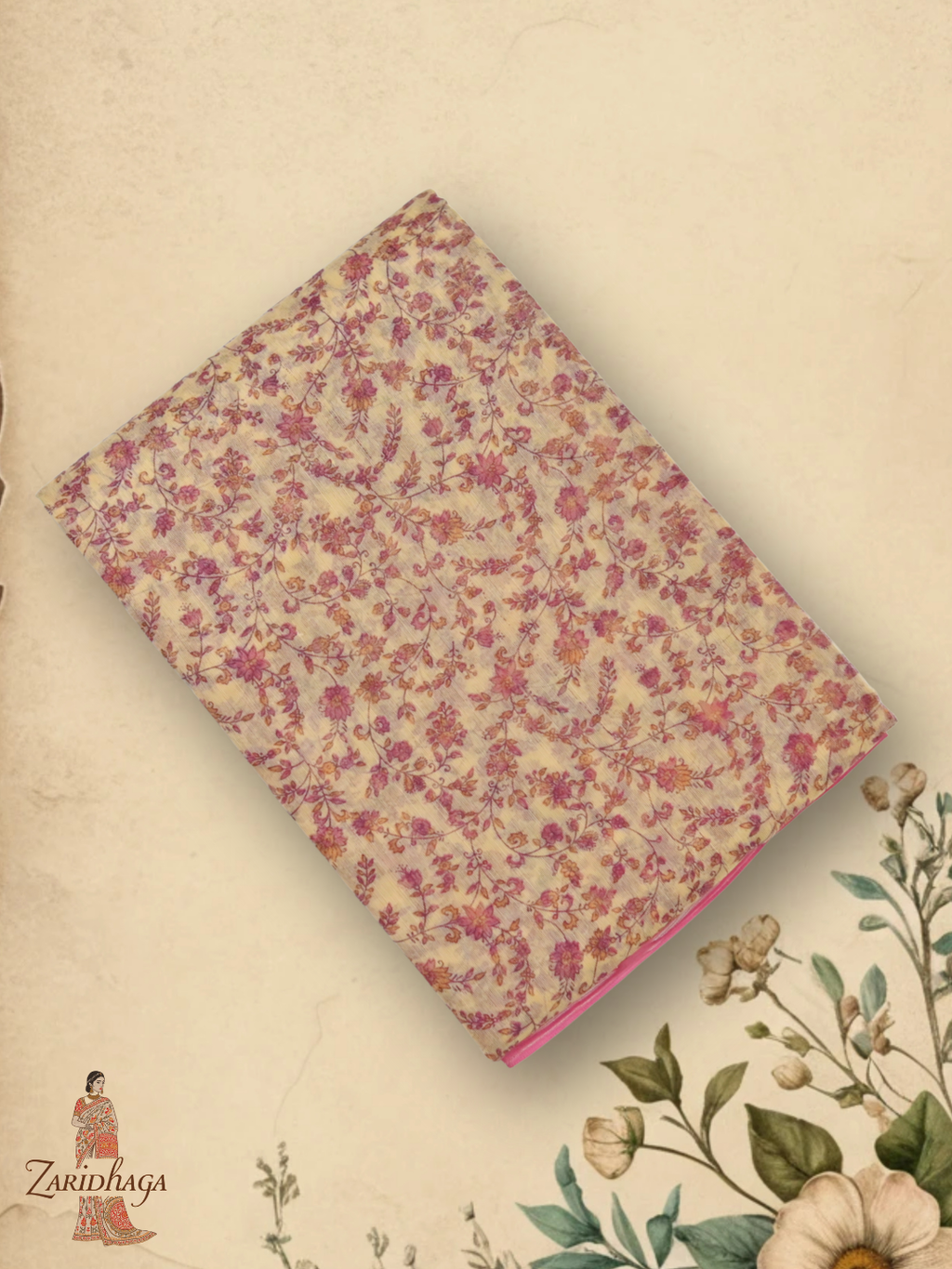 Pure Cotton Pink Floral Saree by Zaridhaga