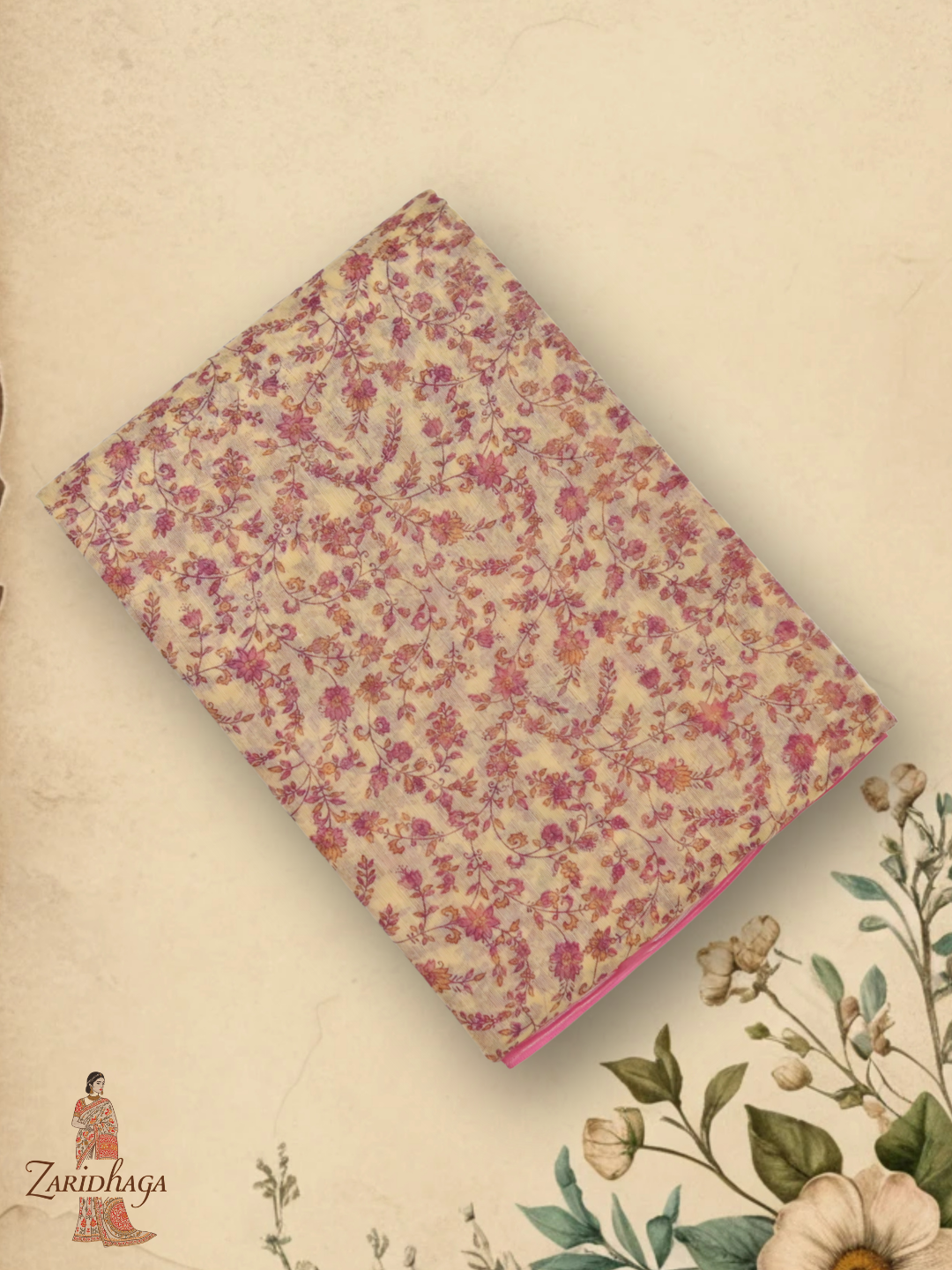 Pure Cotton Pink Floral Saree by Zaridhaga
