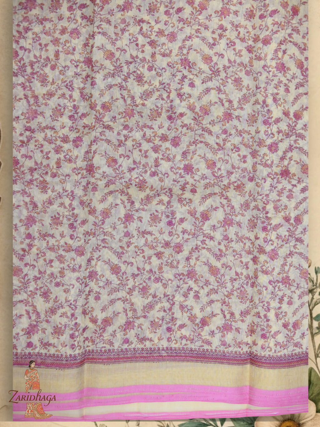 Pure Cotton Pink Floral Saree by Zaridhaga