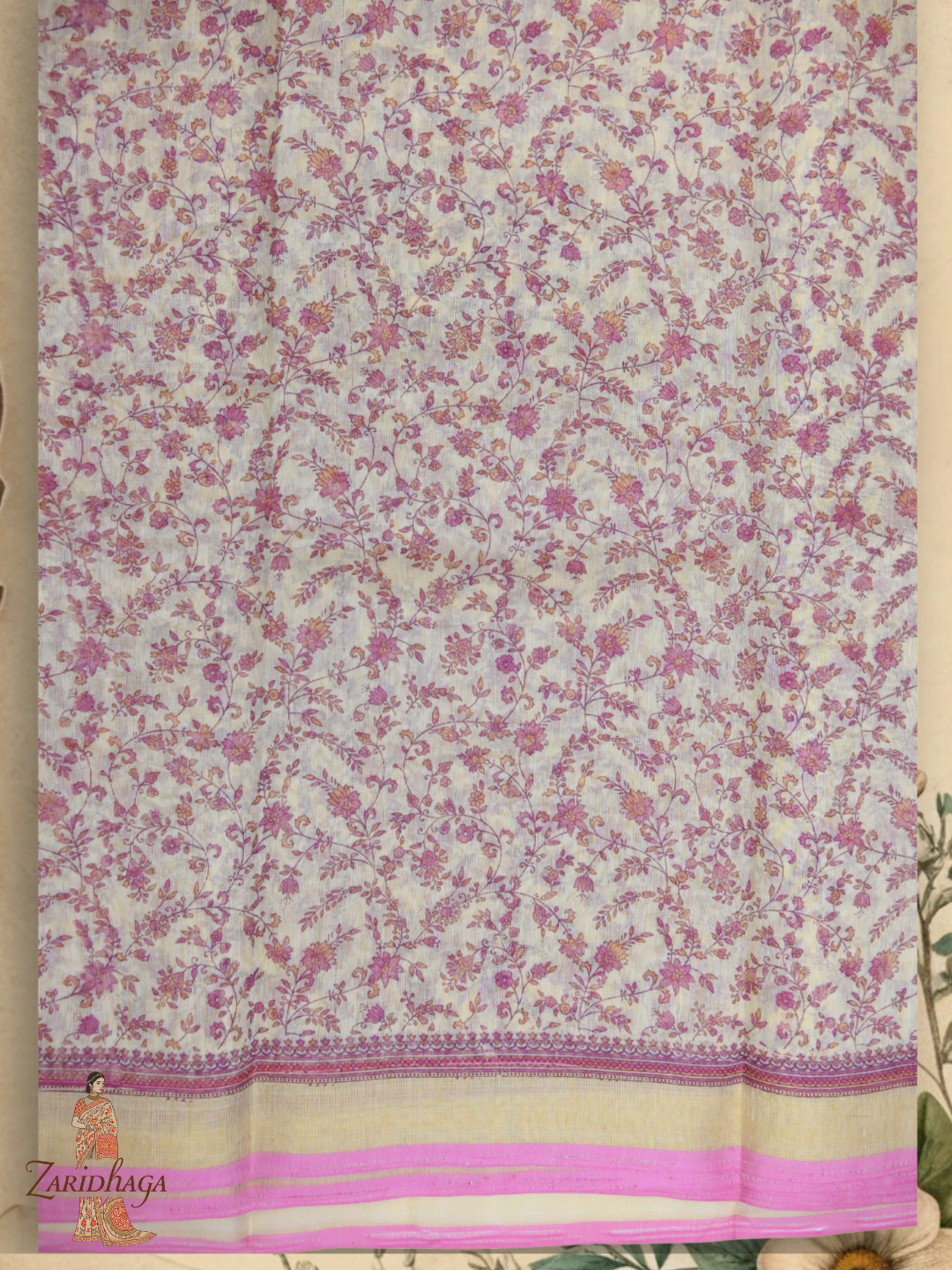 Pure Cotton Pink Floral Saree by Zaridhaga