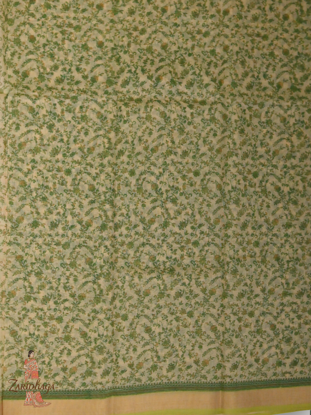 Pure Cotton Green floral Saree by Zaridhaga
