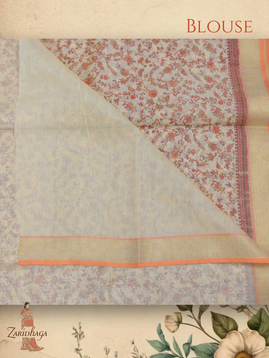 Pure Cotton Orange Floral Saree by Zaridhaga