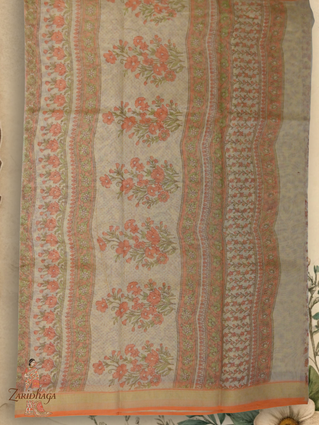 Pure Cotton Orange Floral Saree by Zaridhaga