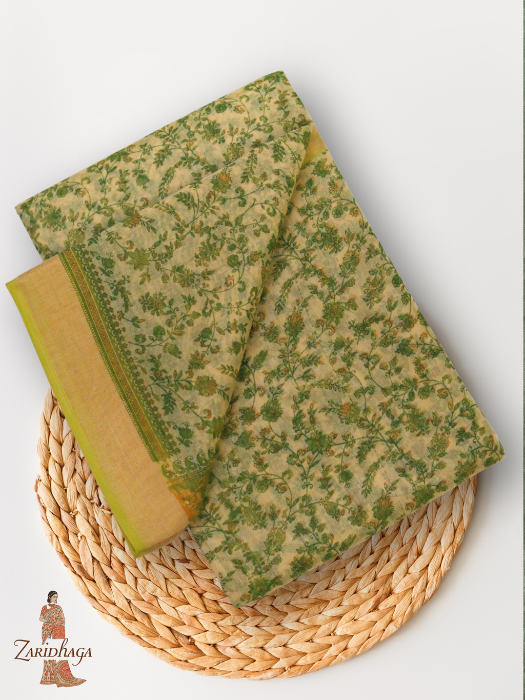 Pure Cotton Green floral Saree by Zaridhaga