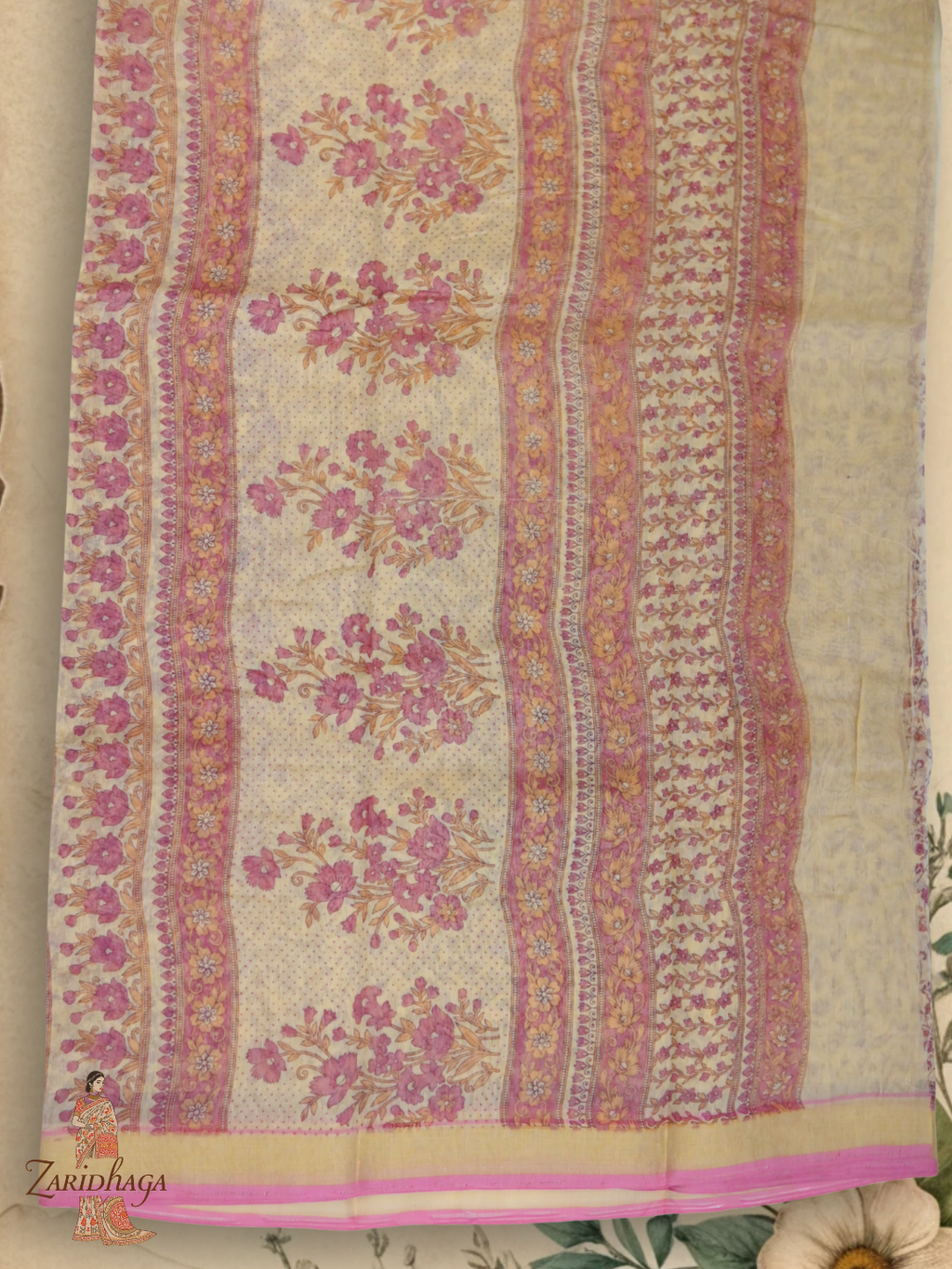 Pure Cotton Pink Floral Saree by Zaridhaga