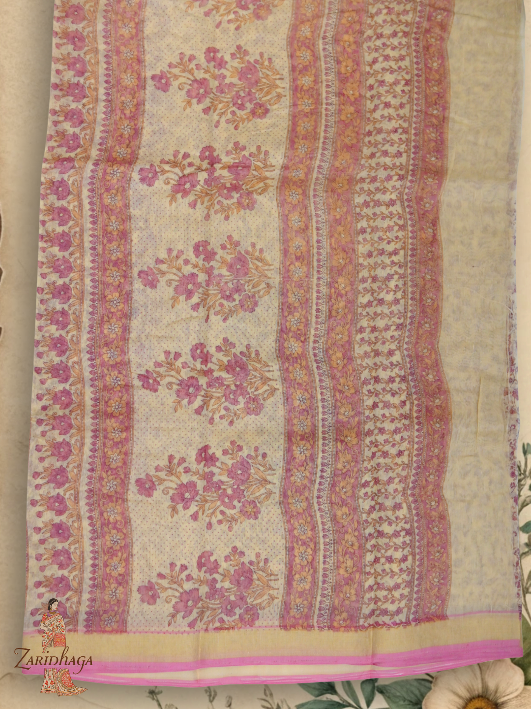 Pure Cotton Pink Floral Saree by Zaridhaga