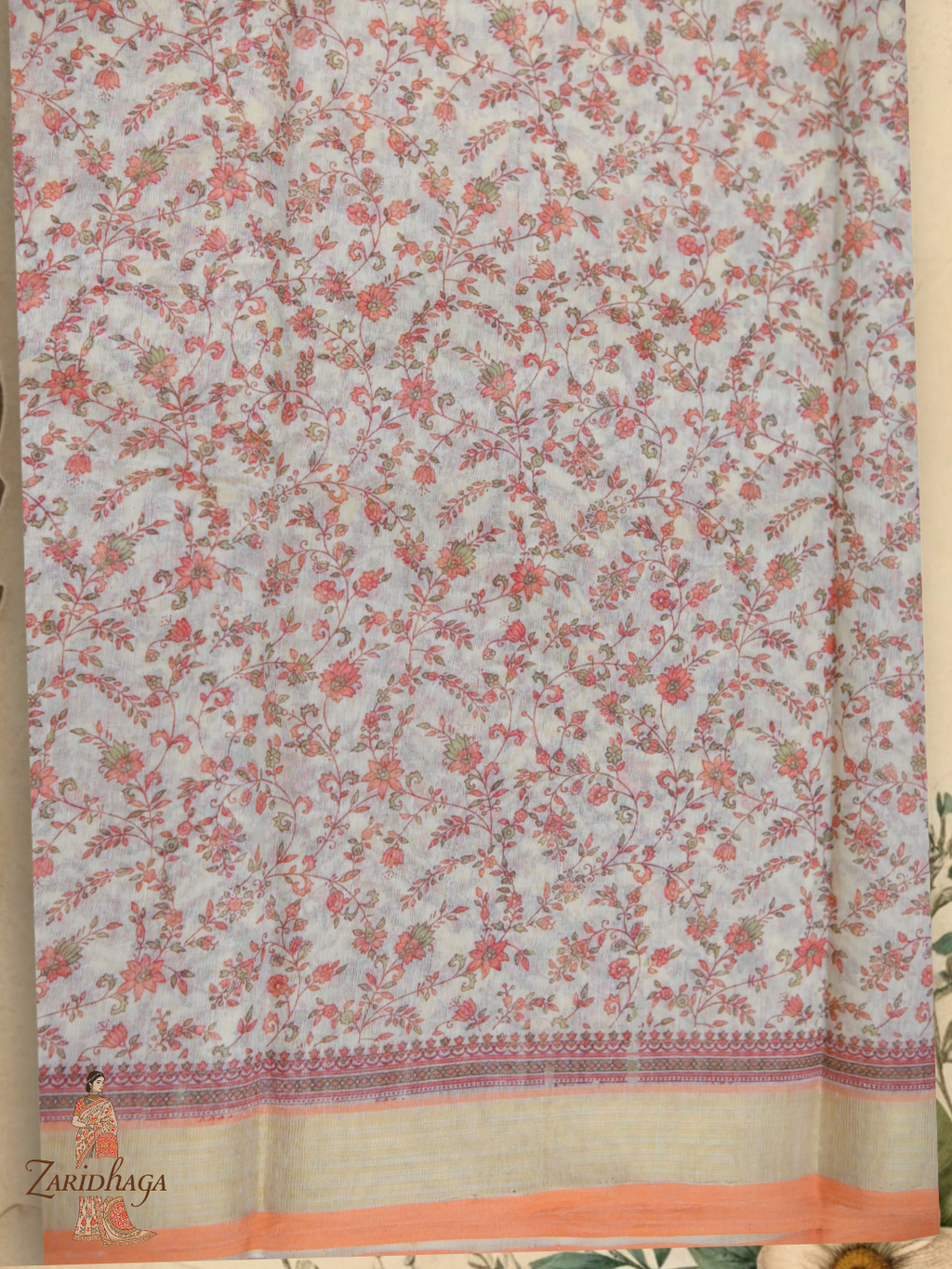 Pure Cotton Orange Floral Saree by Zaridhaga