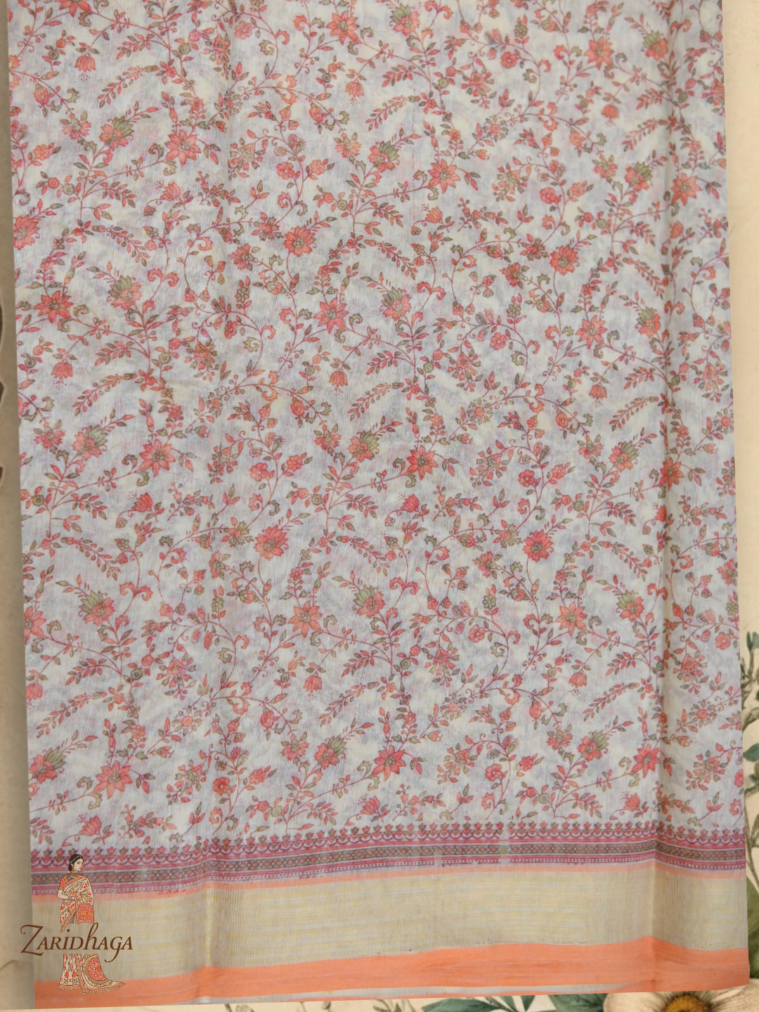 Pure Cotton Orange Floral Saree by Zaridhaga