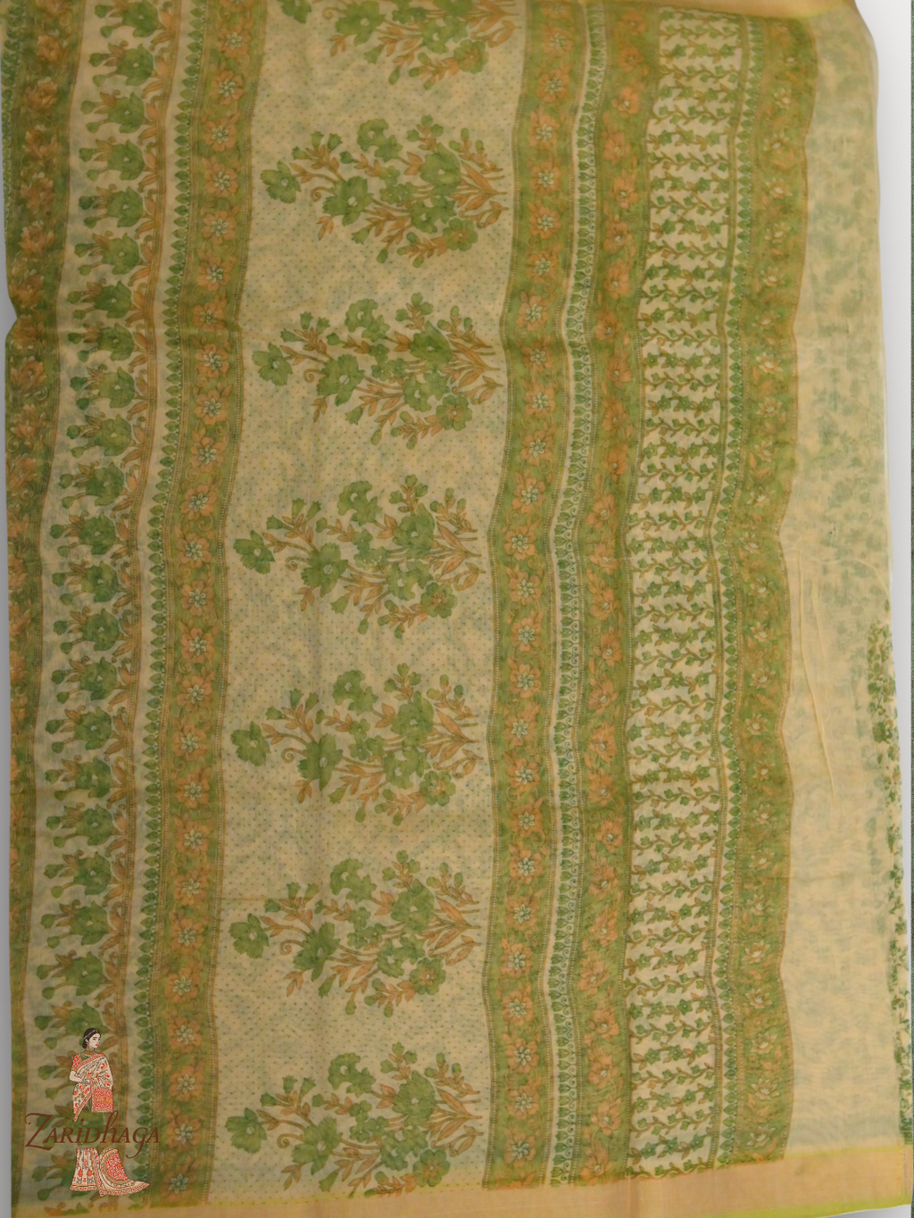 Pure Cotton Green floral Saree by Zaridhaga