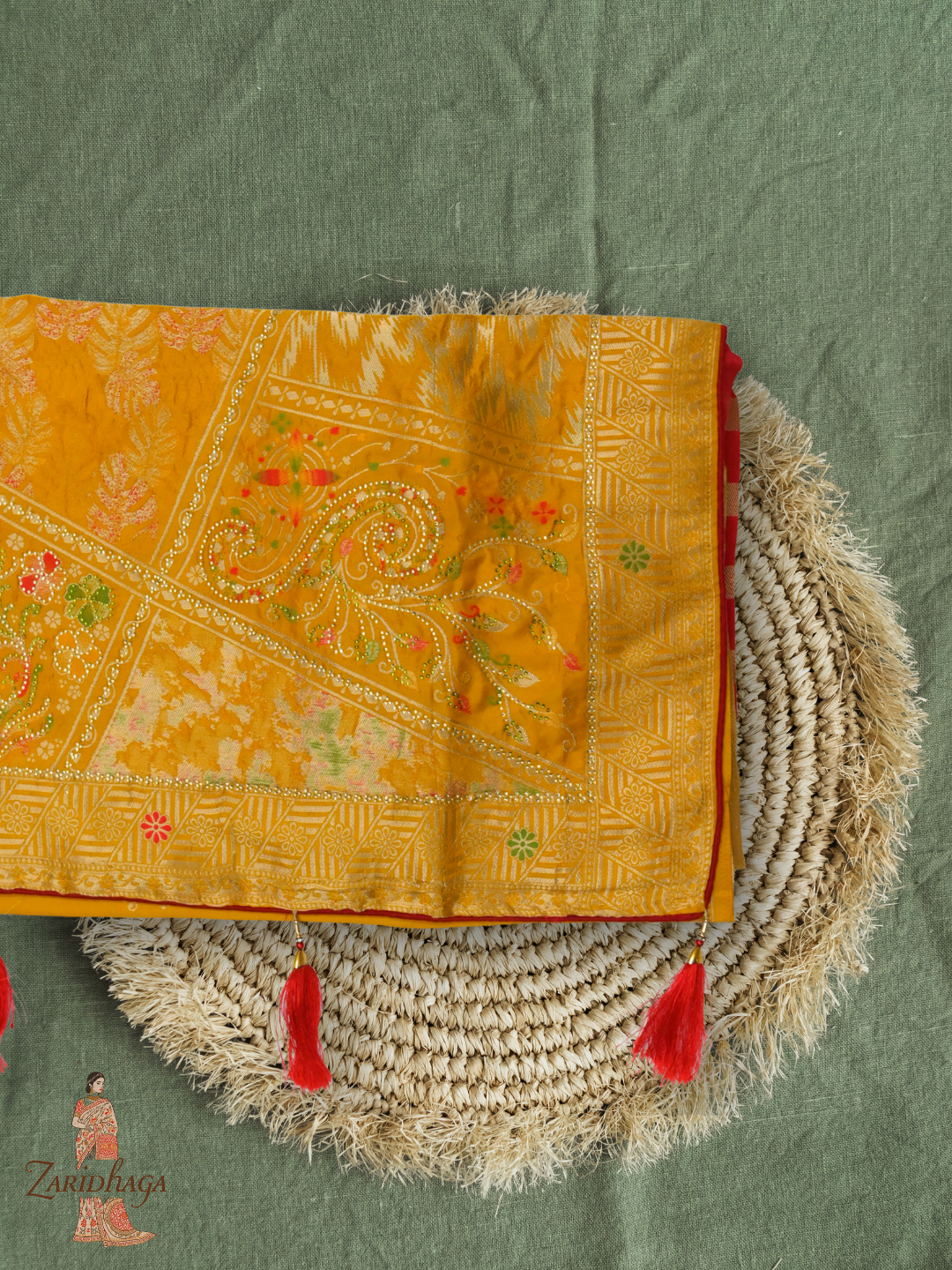 Pure Dola Viscose Saree with Menakari Weaving yellow karwachaut by Zaridhaga