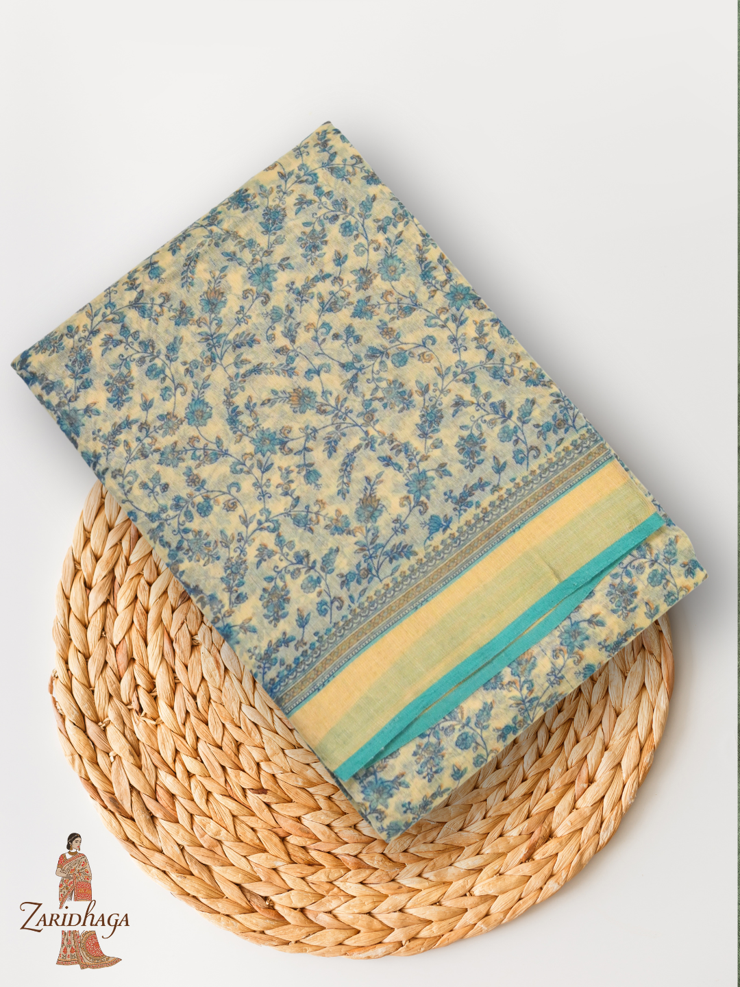 Pure Cotton Blue Floral Saree by Zaridhaga