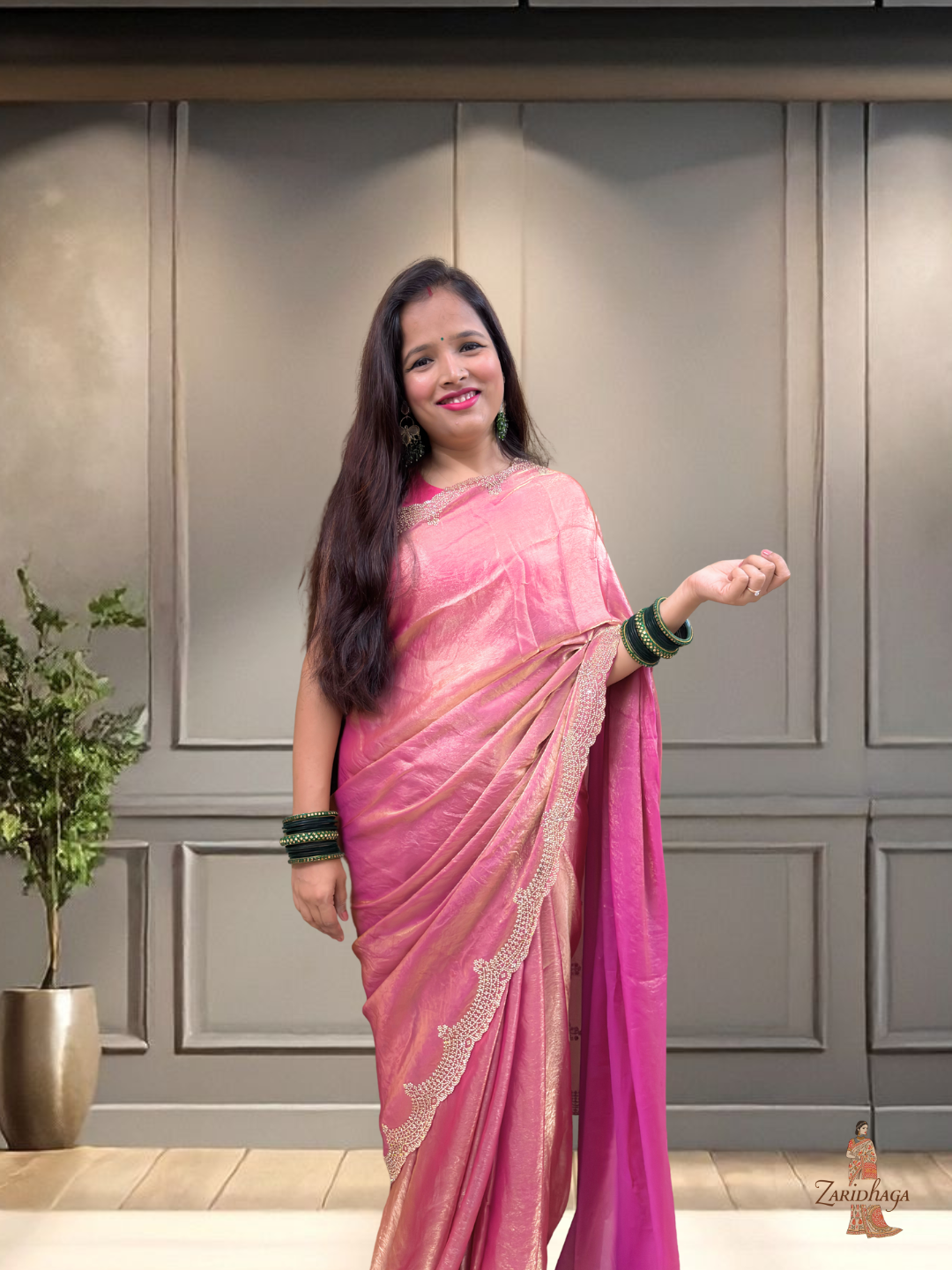 Jimmy Choo Pink Shimmer Organza Silk Saree by Zaridhaga