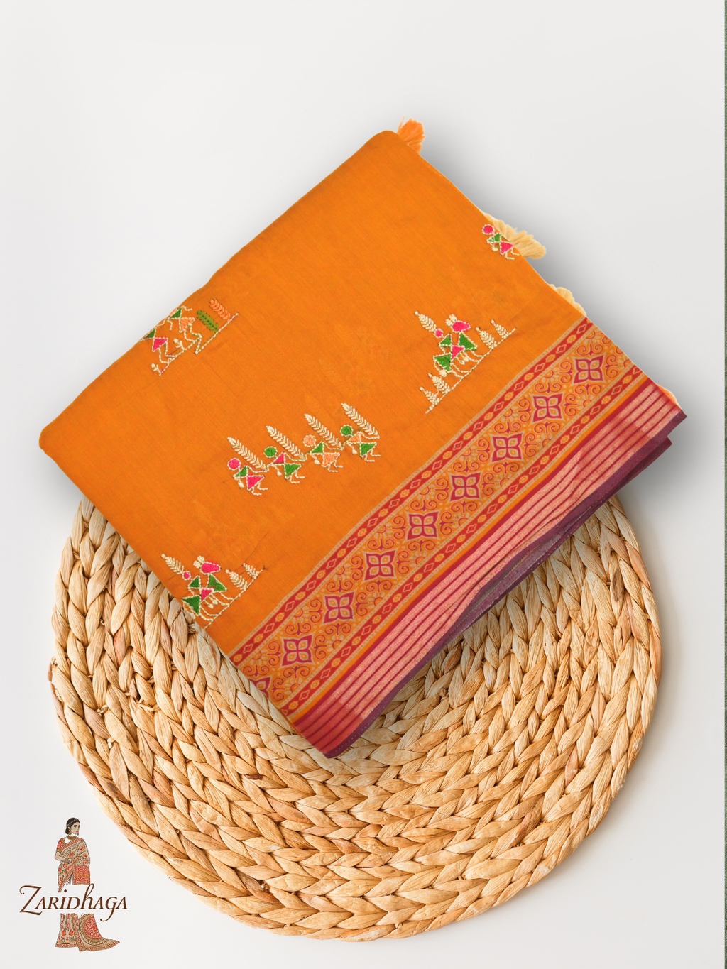 Ikkat Ajrakh Print Viscose Orange Saree Traditional & Modern by Zaridhaga