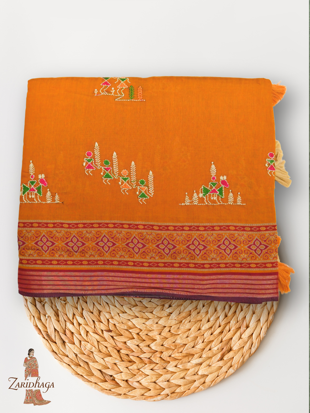 Ikkat Ajrakh Print Viscose Orange Saree Traditional & Modern by Zaridhaga