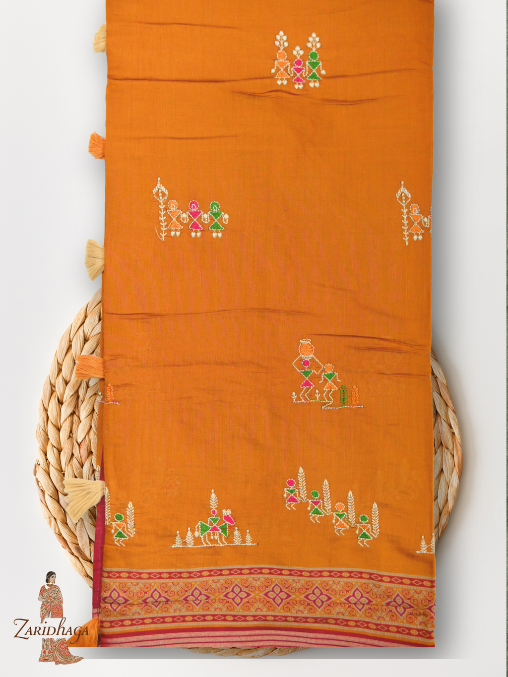 Ikkat Ajrakh Print Viscose Orange Saree Traditional & Modern by Zaridhaga