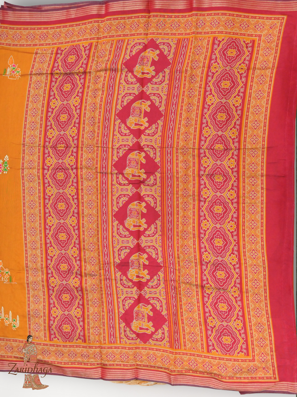 Ikkat Ajrakh Print Viscose Orange Saree Traditional & Modern by Zaridhaga