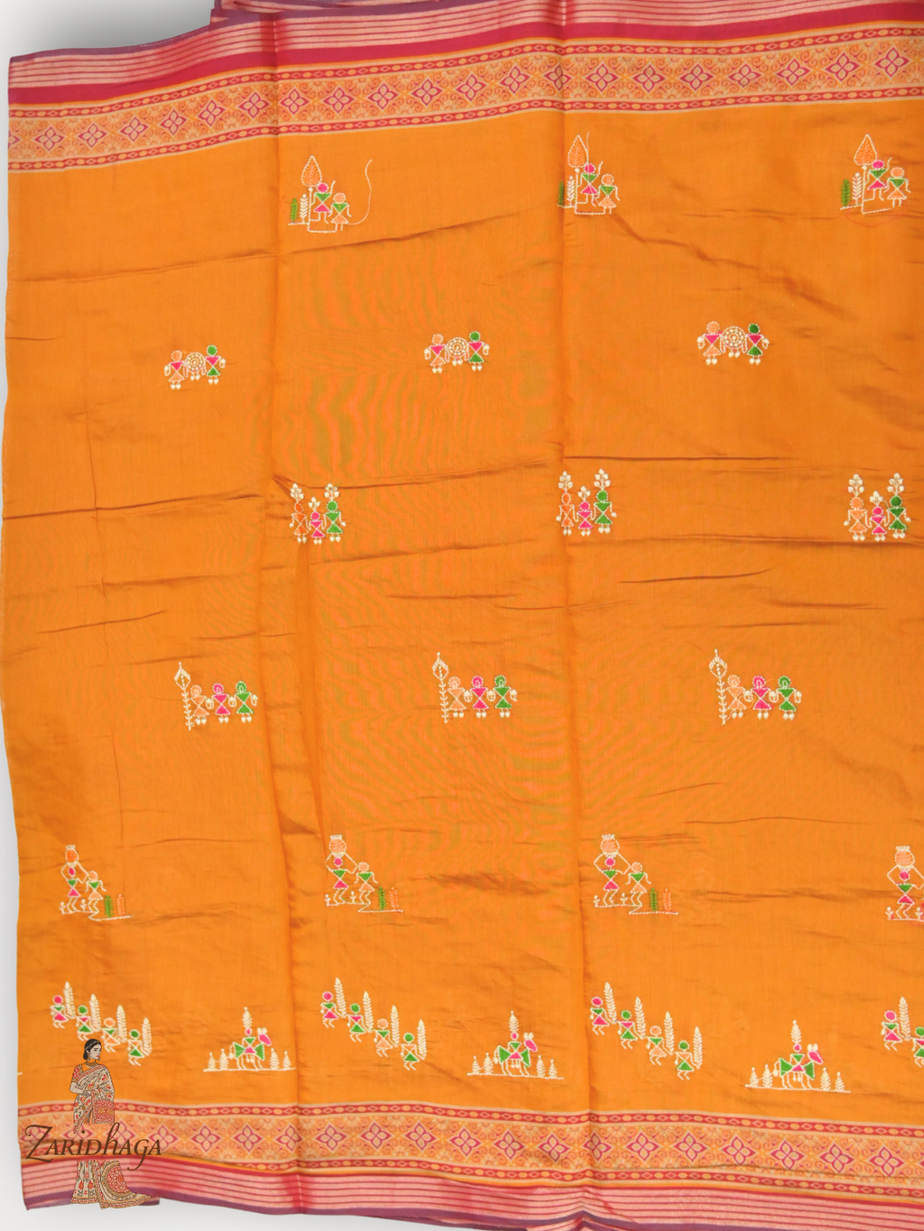 Ikkat Ajrakh Print Viscose Orange Saree Traditional & Modern by Zaridhaga