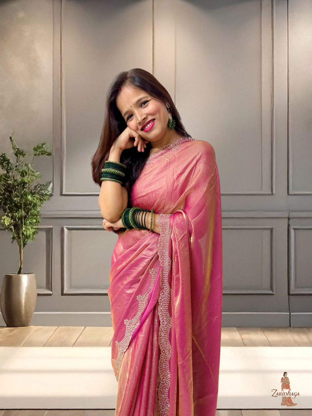 Jimmy Choo Pink Shimmer Organza Silk Saree by Zaridhaga
