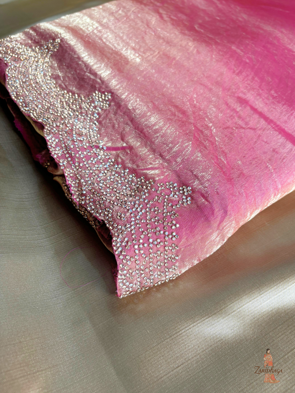 Jimmy Choo Pink Shimmer Organza Silk Saree by Zaridhaga