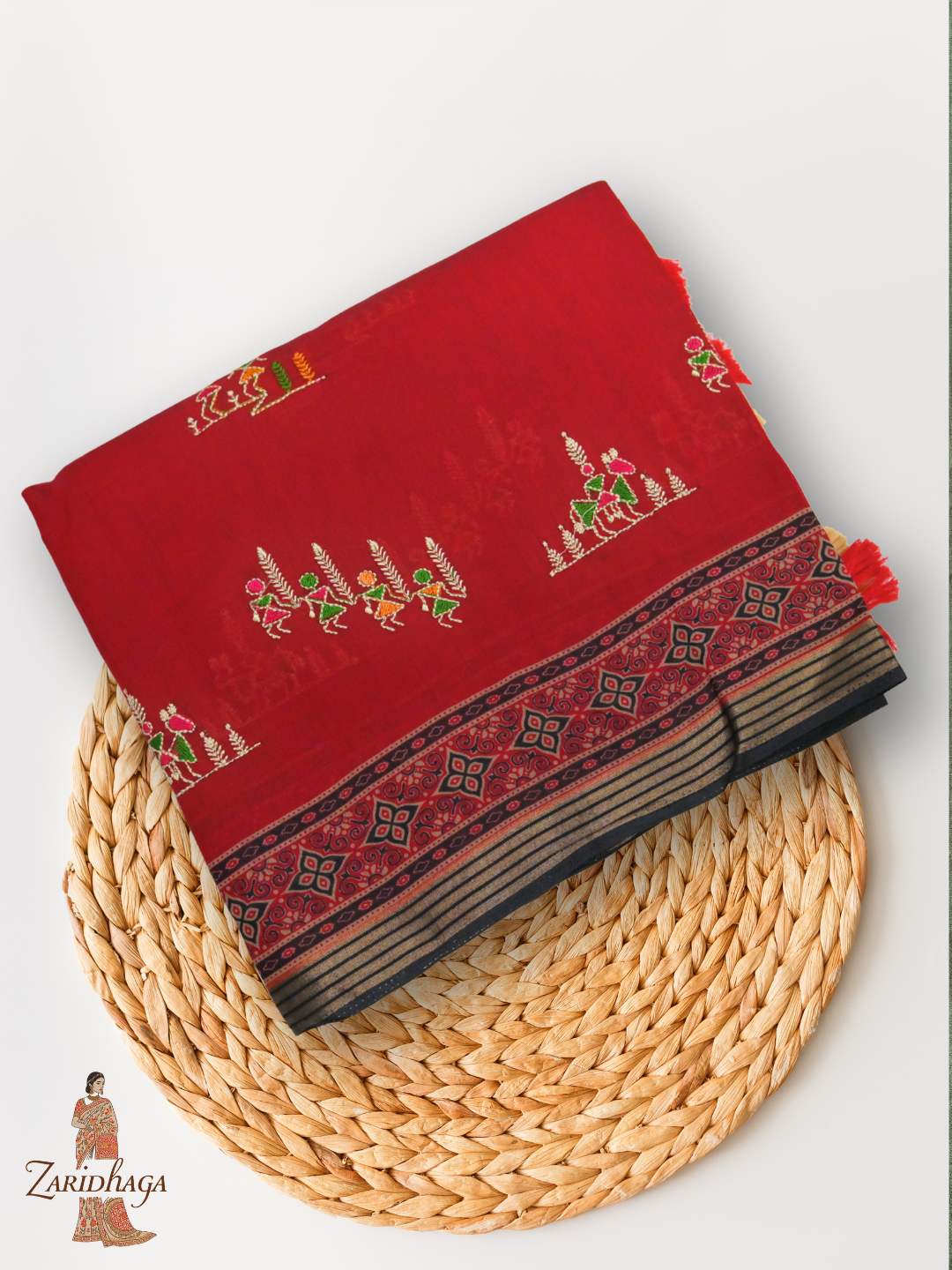 Ikkat Ajrakh Print Viscose Red Saree Traditional & Modern by Zaridhaga