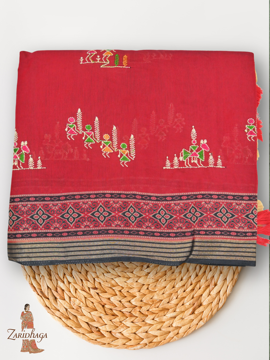 Ikkat Ajrakh Print Viscose Red Saree Traditional & Modern by Zaridhaga