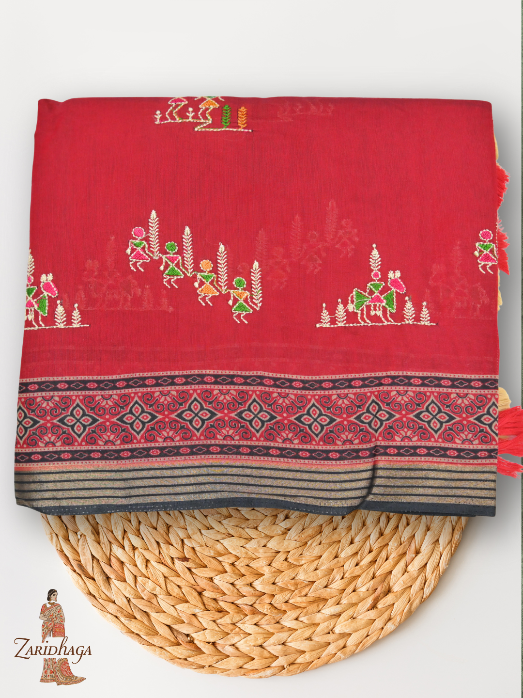 Ikkat Ajrakh Print Viscose Red Saree Traditional & Modern by Zaridhaga