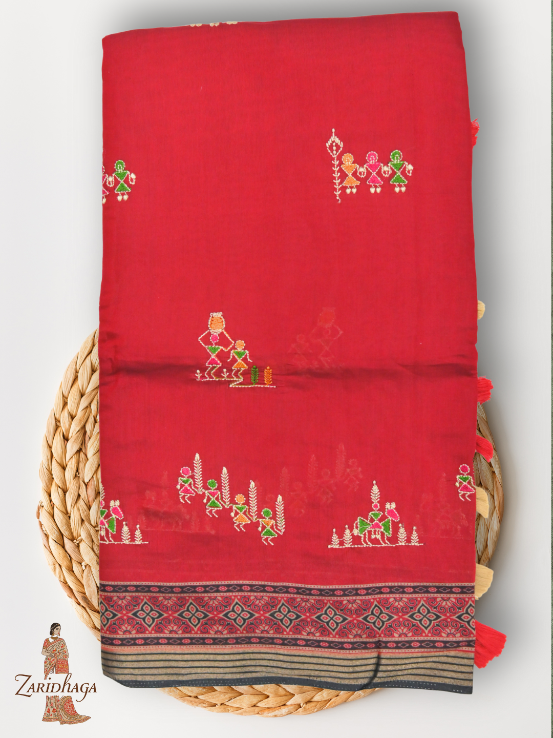 Ikkat Ajrakh Print Viscose Red Saree Traditional & Modern by Zaridhaga