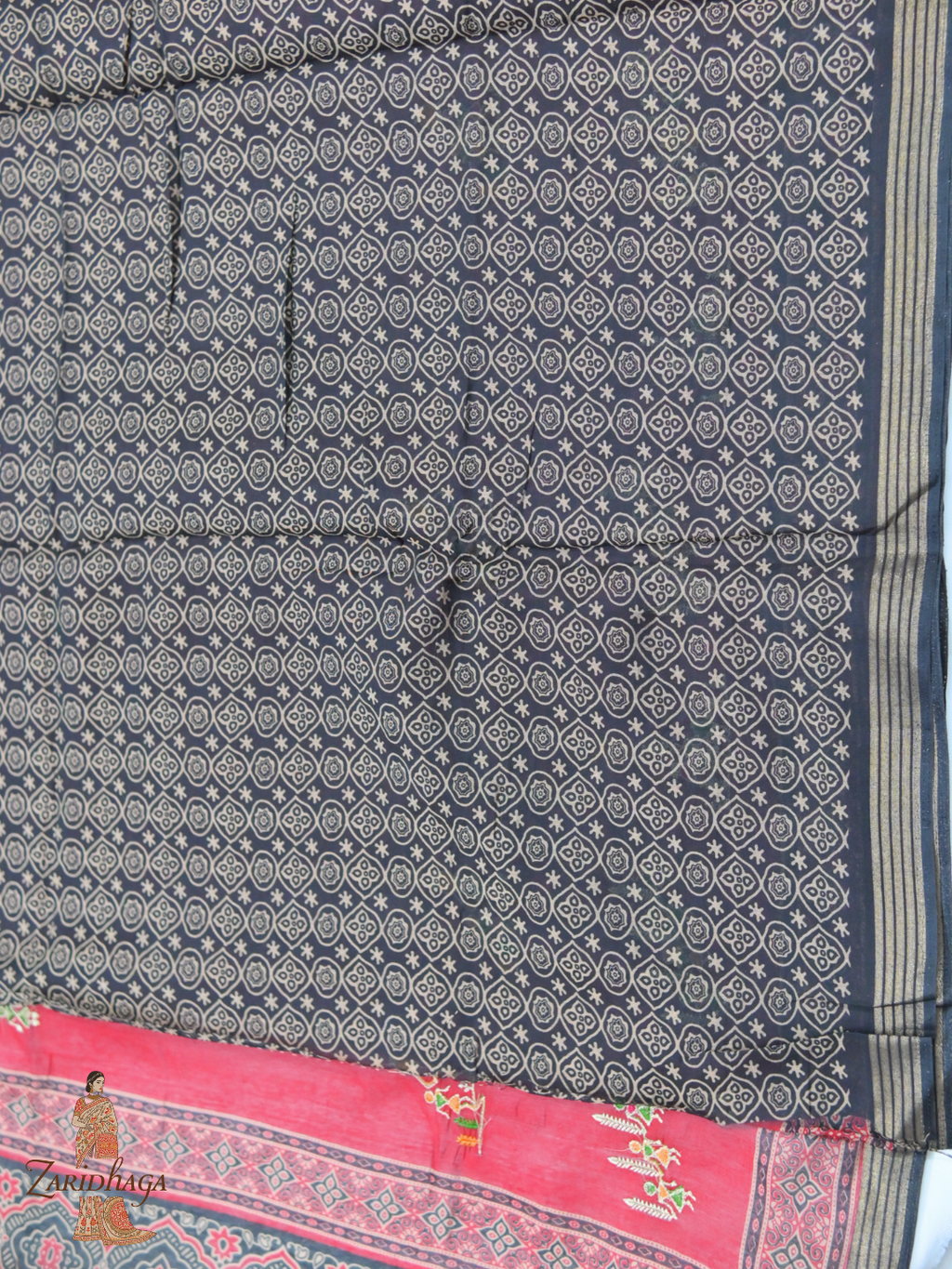 Ikkat Ajrakh Print Viscose Red Saree Traditional & Modern by Zaridhaga