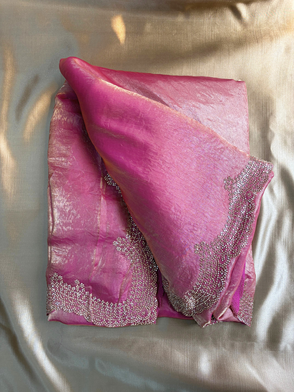 Jimmy Choo Pink Shimmer Organza Silk Saree by Zaridhaga
