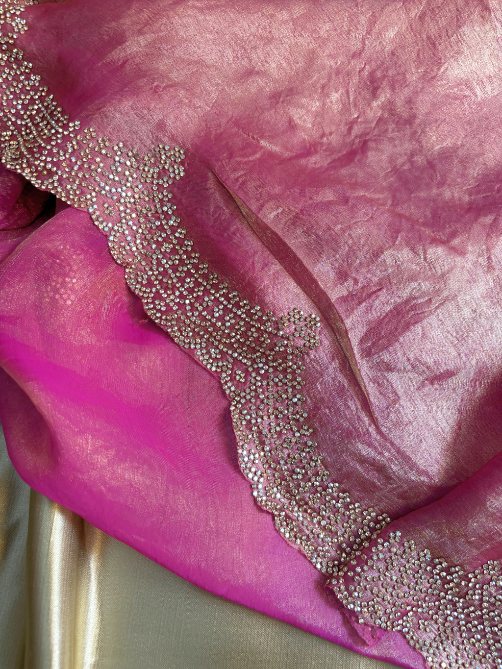 Jimmy Choo Pink Shimmer Organza Silk Saree by Zaridhaga