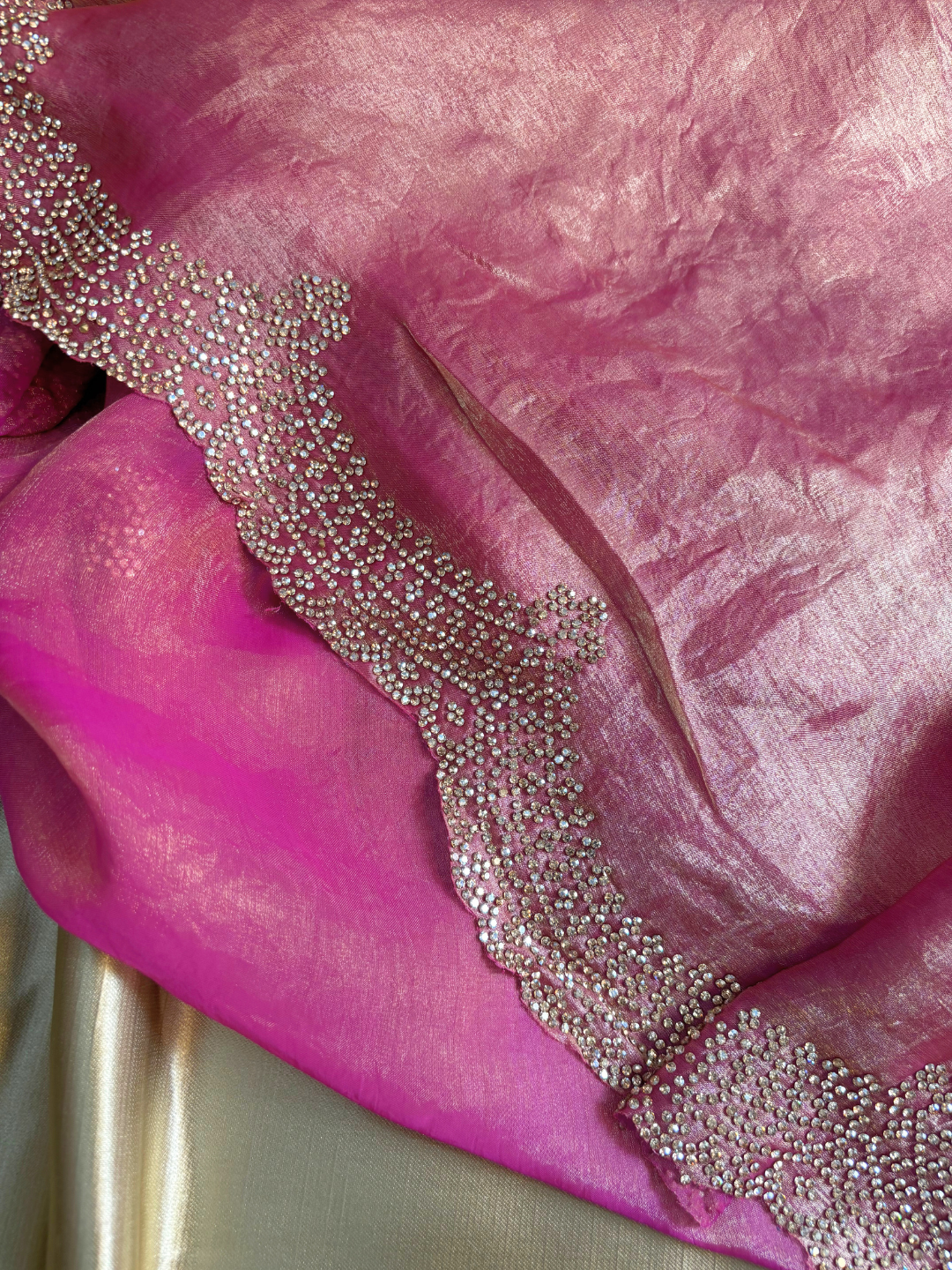 Jimmy Choo Pink Shimmer Organza Silk Saree by Zaridhaga