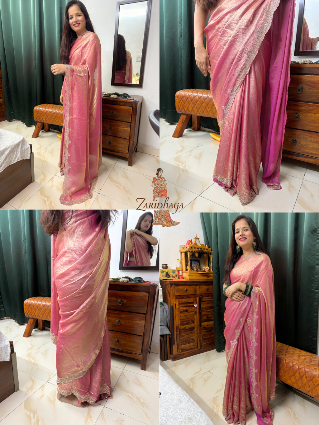 Jimmy Choo Pink Shimmer Organza Silk Saree by Zaridhaga