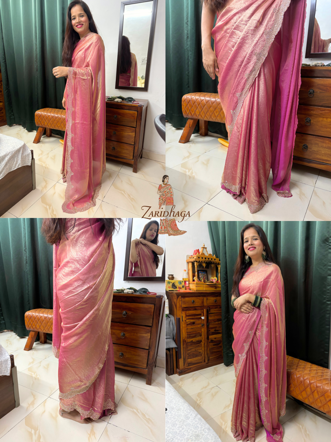 Jimmy Choo Pink Shimmer Organza Silk Saree by Zaridhaga
