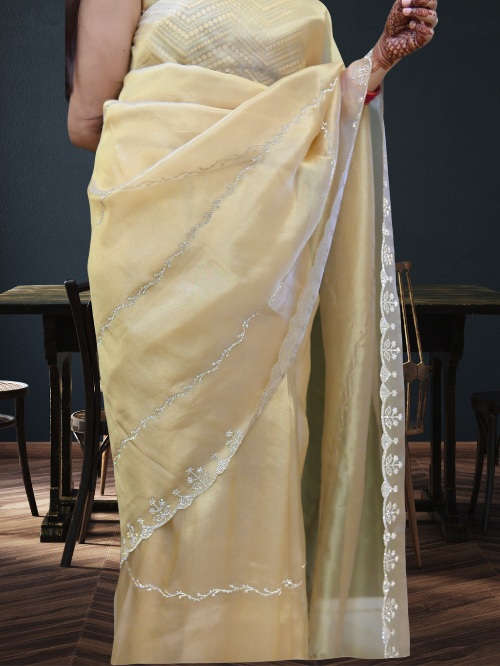 Designer Golden Jimmy Choo Organza Silk Saree by Zaridhaga