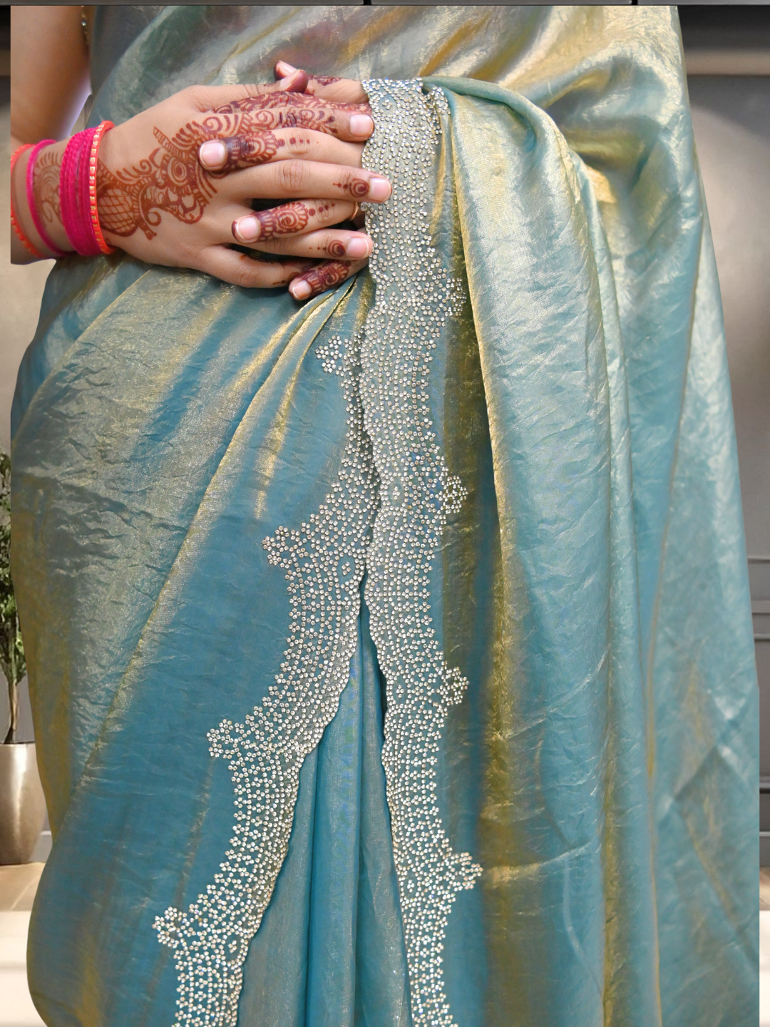 Blue Jimmy Choo shimmer Organza Silk Saree by Zaridhaga