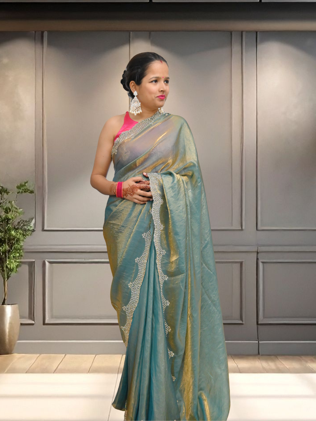 Blue Jimmy Choo shimmer Organza Silk Saree by Zaridhaga