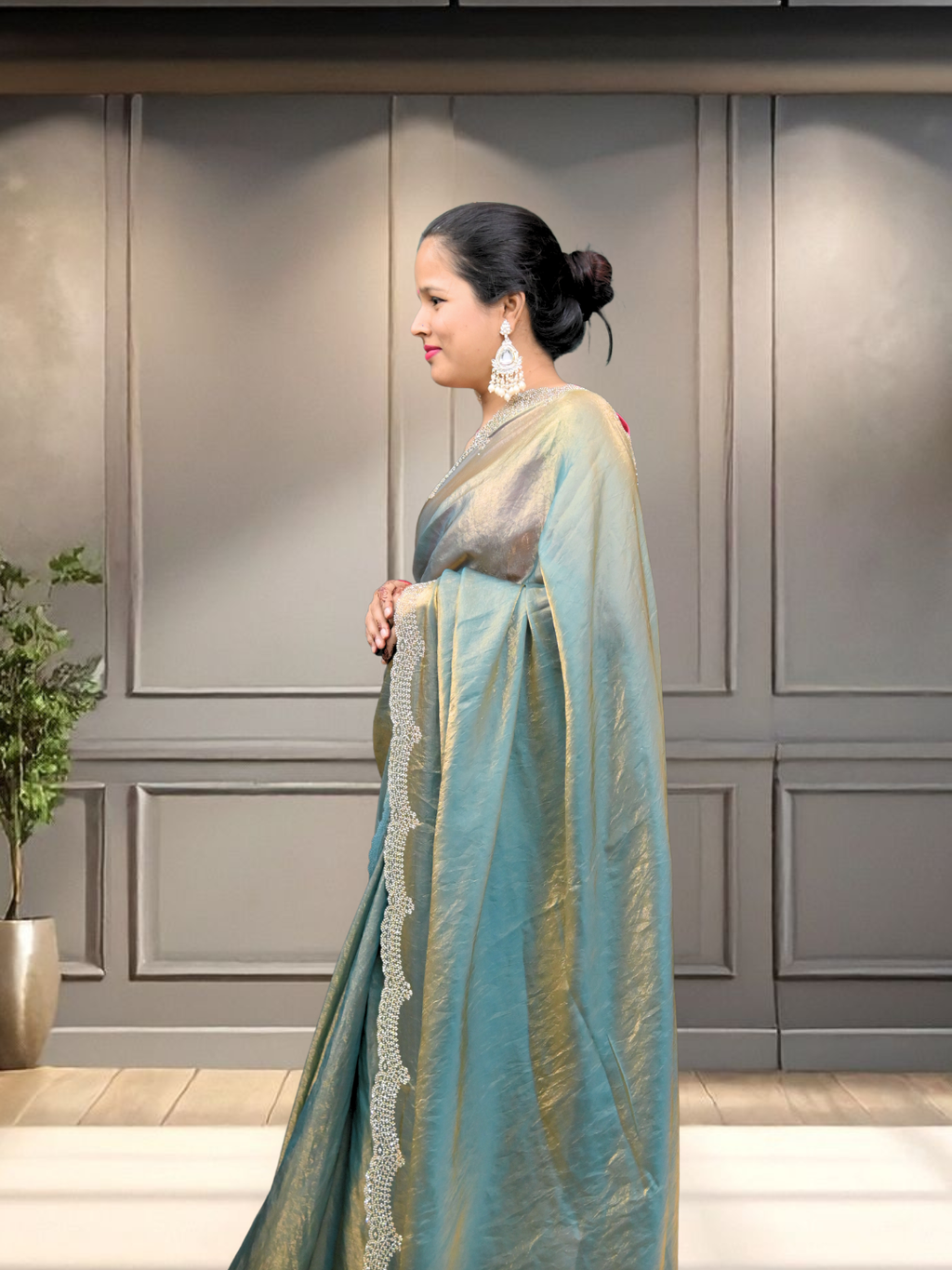 Blue Jimmy Choo shimmer Organza Silk Saree by Zaridhaga