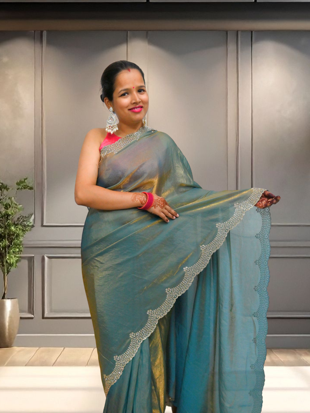 Blue Jimmy Choo shimmer Organza Silk Saree by Zaridhaga