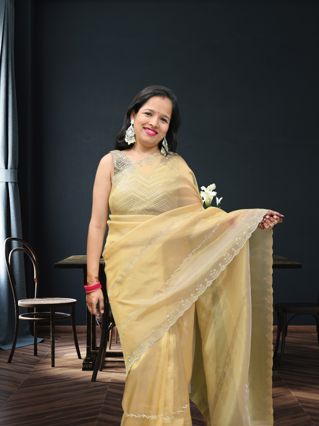 Designer Golden Jimmy Choo Organza Silk Saree by Zaridhaga