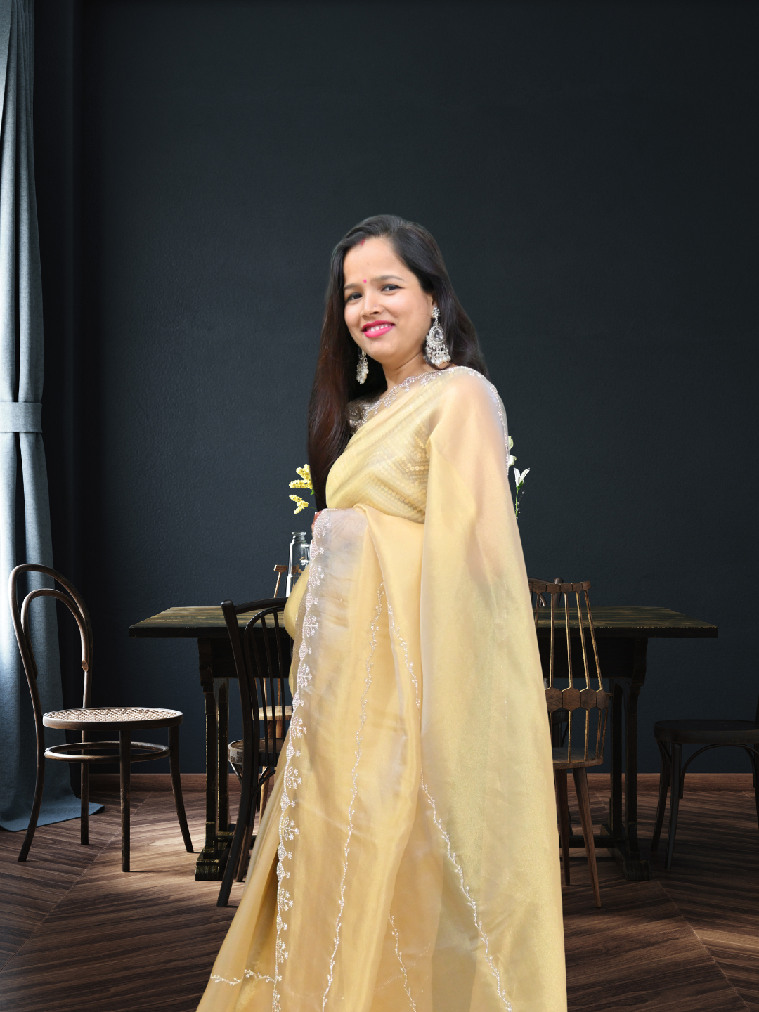 Designer Golden Jimmy Choo Organza Silk Saree by Zaridhaga