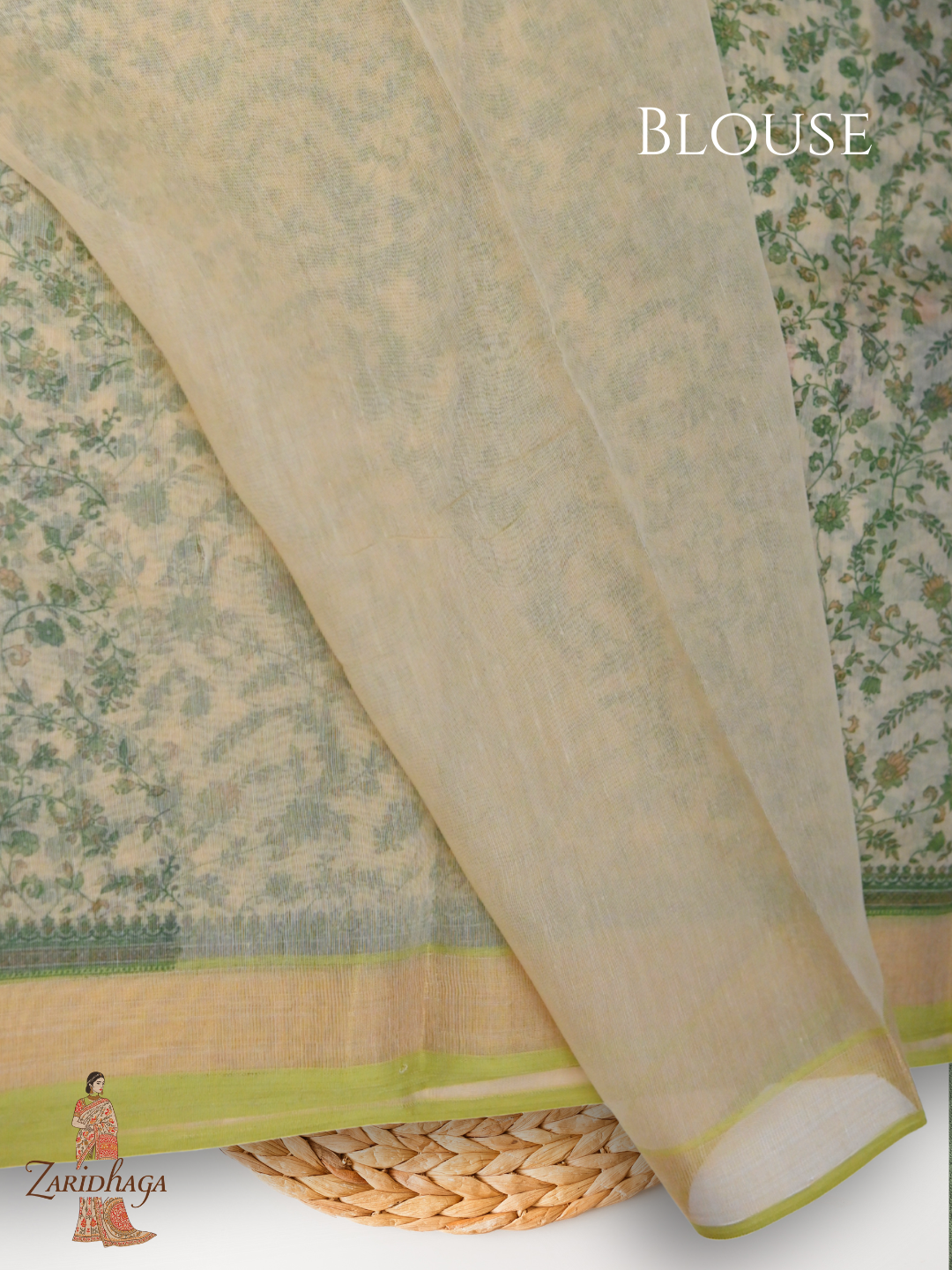 Pure Cotton Green floral Saree by Zaridhaga