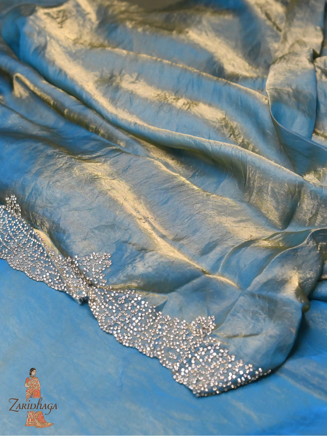 Blue Jimmy Choo shimmer Organza Silk Saree by Zaridhaga