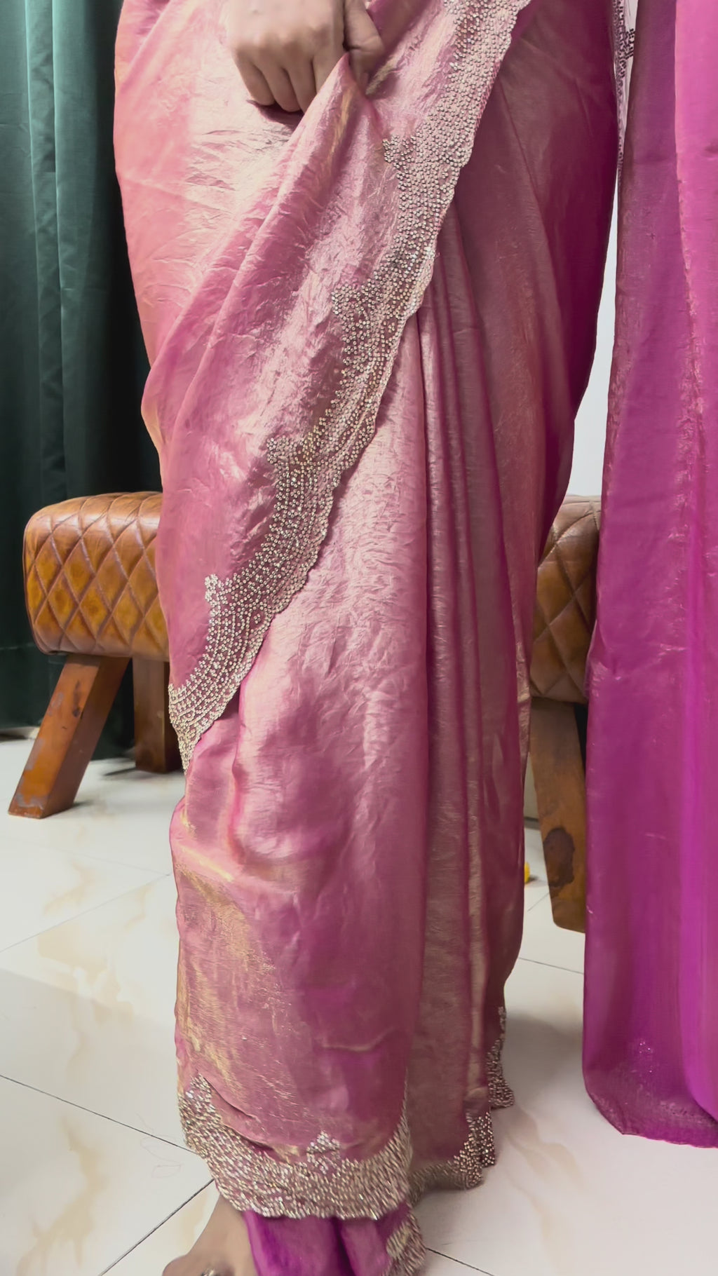 Jimmy Choo Pink Shimmer Organza Silk Saree by Zaridhaga